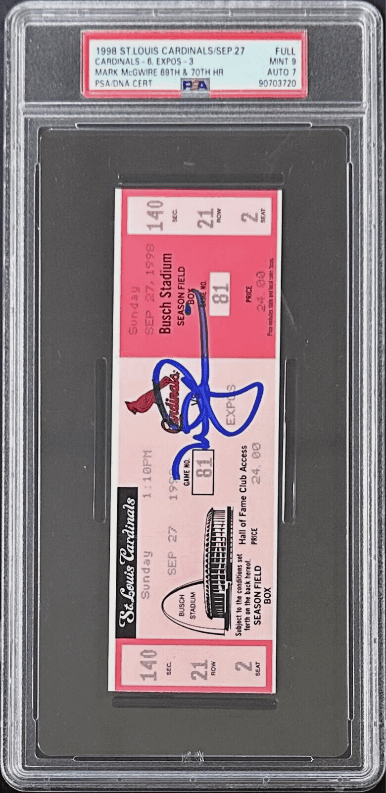 Mark McGwire 69th and 70th Home Run Signed Sep 27 1998 Full Ticket PSA Cardinals Mark McGwire Ticket Stub mark-mcgwire-69th-70th-home-run, St. Louis Cardinals, view 2, supplier stock photo