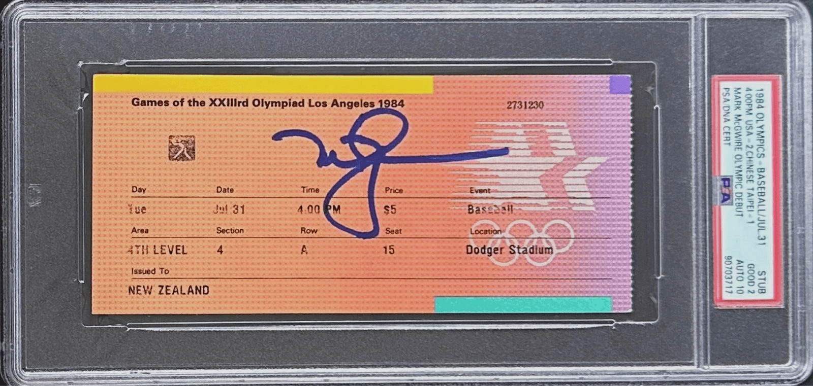 Mark McGwire 1984 Olympic Debut Signed July 31 1984 Ticket Stub PSA 90703716 USA Mark McGwire Ticket Stub 90703716, USA, supplier stock photo