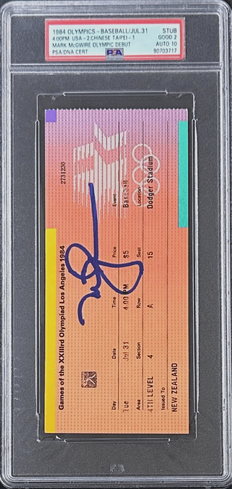 Mark McGwire 1984 Olympic Debut Signed July 31 1984 Ticket Stub PSA 90703716 USA Mark McGwire Ticket Stub 90703716, USA, view 2, supplier stock photo
