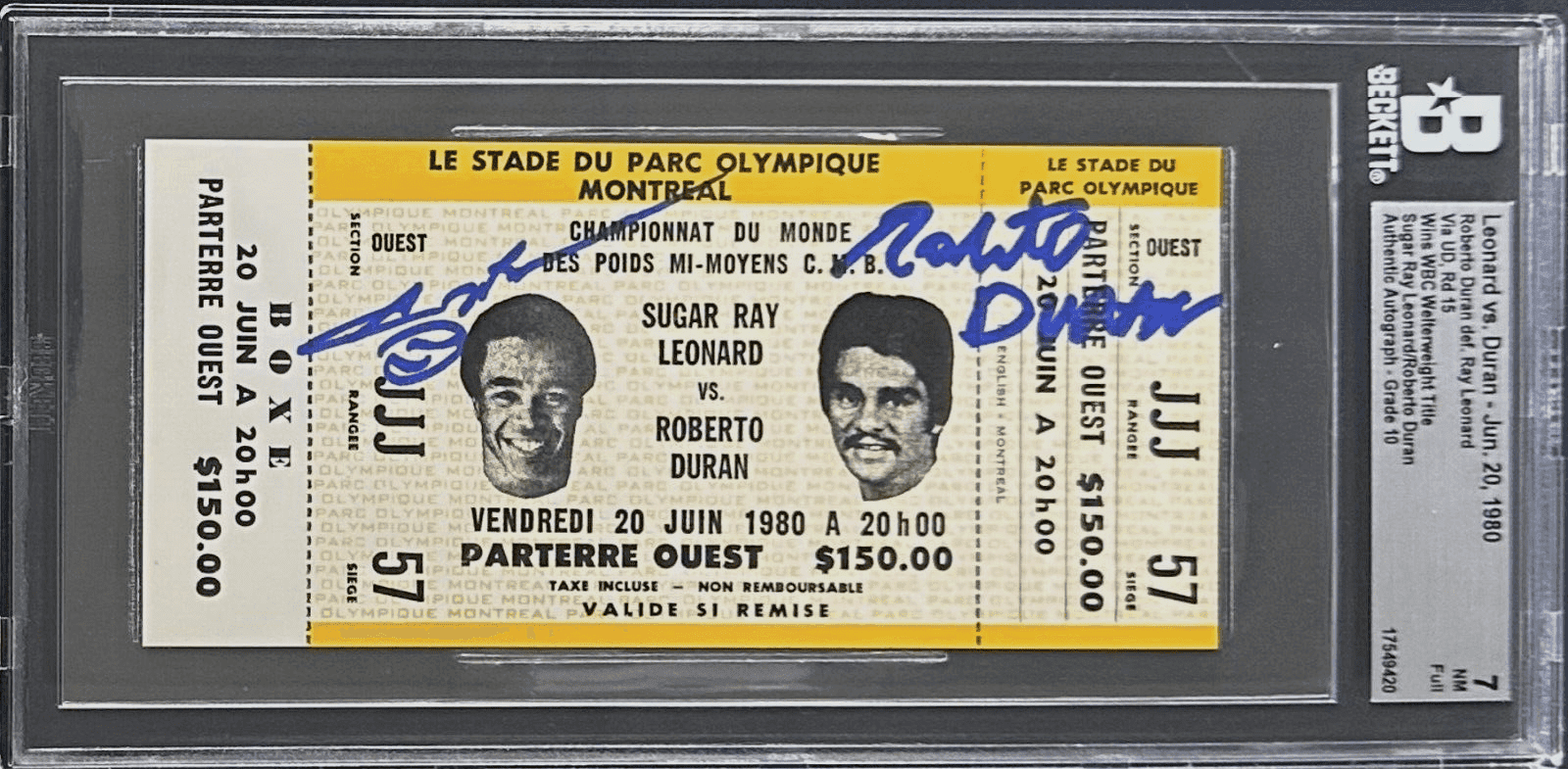 Roberto Duran Sugar Ray Leonard Signed 1980 Ticket Duran Wins WBC Title BAS 7 Sugar Ray Leonard Ticket Stub roberto-duran-sugar-ray-leonard-1980, supplier stock photo