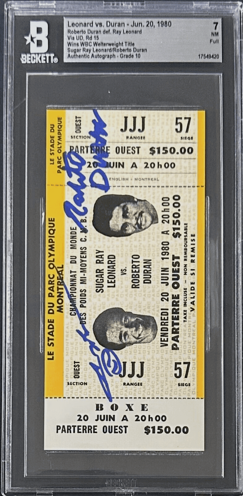 Roberto Duran Sugar Ray Leonard Signed 1980 Ticket Duran Wins WBC Title BAS 7 Sugar Ray Leonard Ticket Stub roberto-duran-sugar-ray-leonard-1980, view 2, supplier stock photo