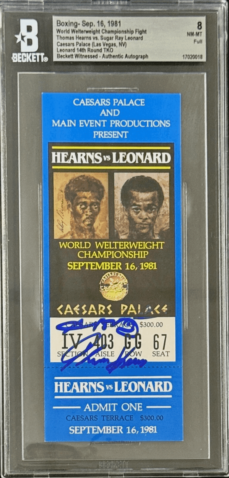Thomas Hearns Sugar Ray Leonard Signed Ticket Leonard Wins WBA Title BAS 8 NM-MT Sugar Ray Leonard Ticket Stub thomas-hearns-sugar-ray-leonard-wins, supplier stock photo