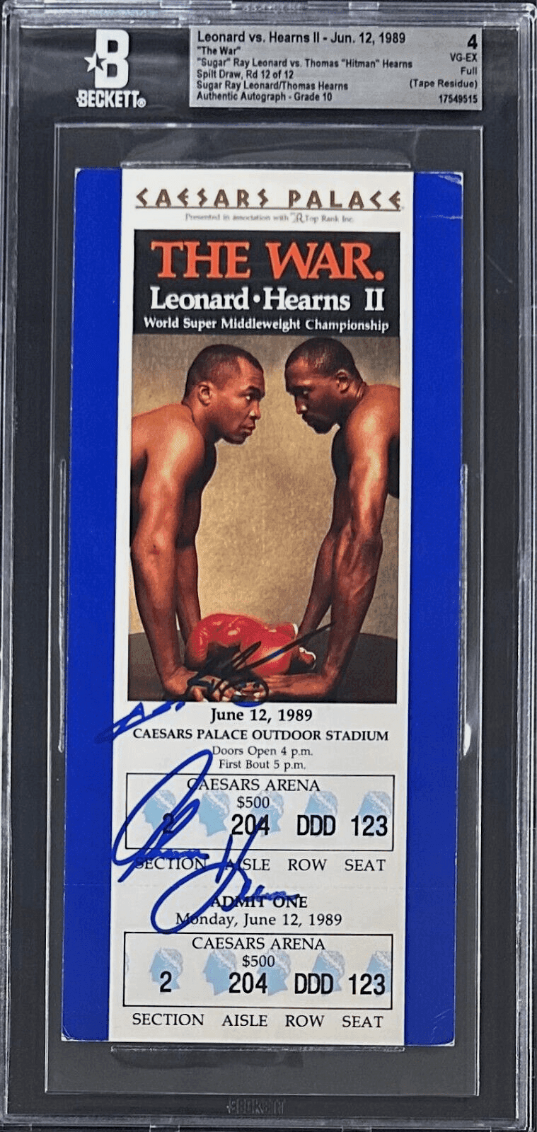 Thomas Hearns Sugar Ray Leonard II Signed Ticket THE WAR Split Draw BAS 4 VG-EX Sugar Ray Leonard Ticket Stub thomas-hearns-sugar-ray-leonard-ii, supplier stock photo