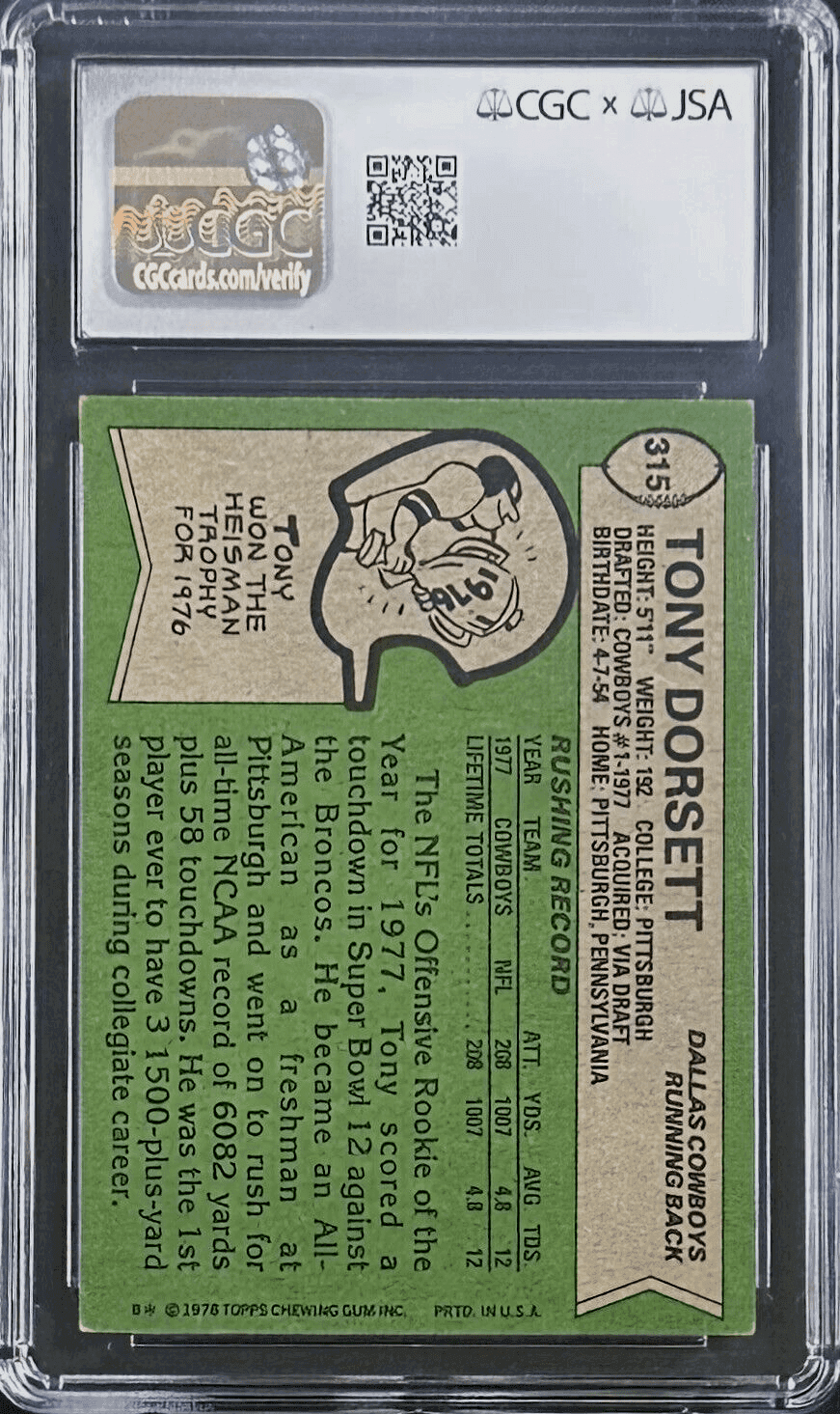 Tony Dorsett Signed 1978 Topps Rookie Card #315 CGC/JSA EX 5.5 Auto 10 Cowboys Tony Dorsett Card 1978-topps-rookie-315-cgc-ex, Dallas Cowboys, view 2, supplier stock photo