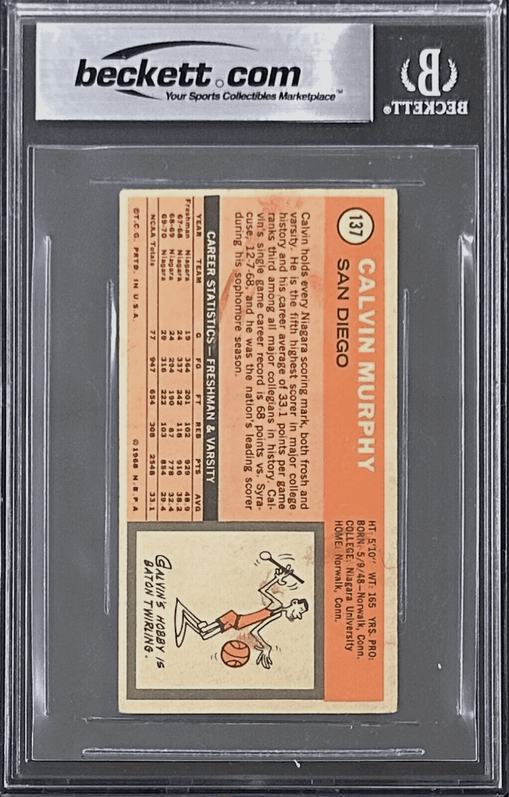 Calvin Murphy Signed 1970-71 Topps Card #137 Beckett Auto 10 San Diego Rockets Calvin Murphy Card calvin-murphy-1970-71-topps-137, Houston Rockets, view 2, supplier stock photo