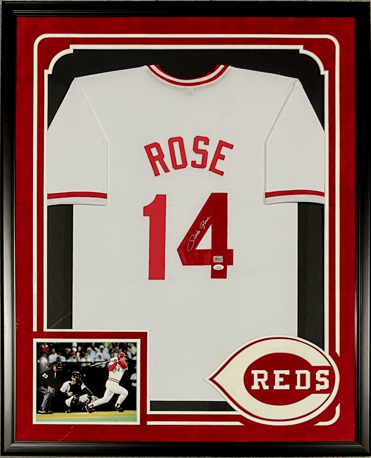 Pete Rose Signed Autographed Framed Jersey JSA Authenticated Suede Cut Out Logo. Pete Rose Jersey pete-rose-framed-suede-cut-out, Cincinnati Reds, supplier stock photo