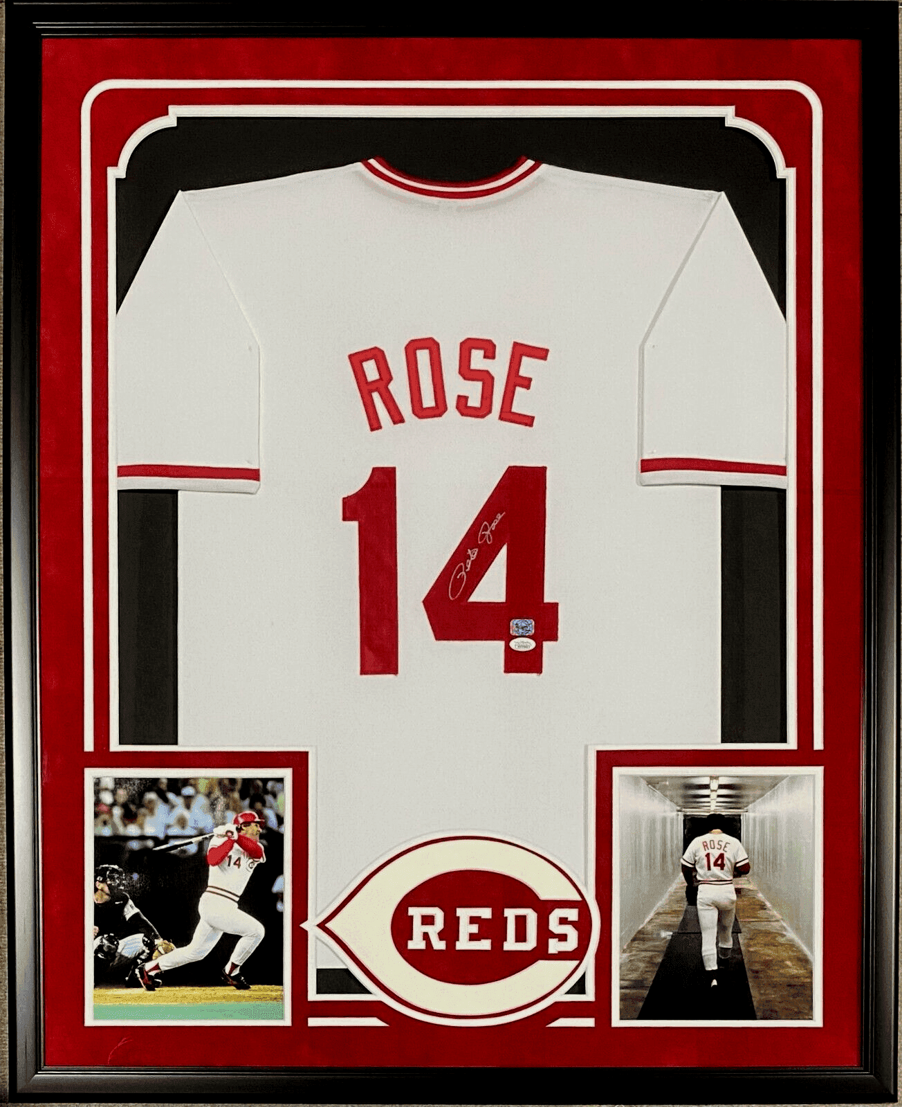Pete Rose Signed Autographed Framed Jersey JSA Authentic Suede Cut Out Logo 2&1. Pete Rose Jersey pete-rose-framed-suede-cut-out, Cincinnati Reds, supplier stock photo