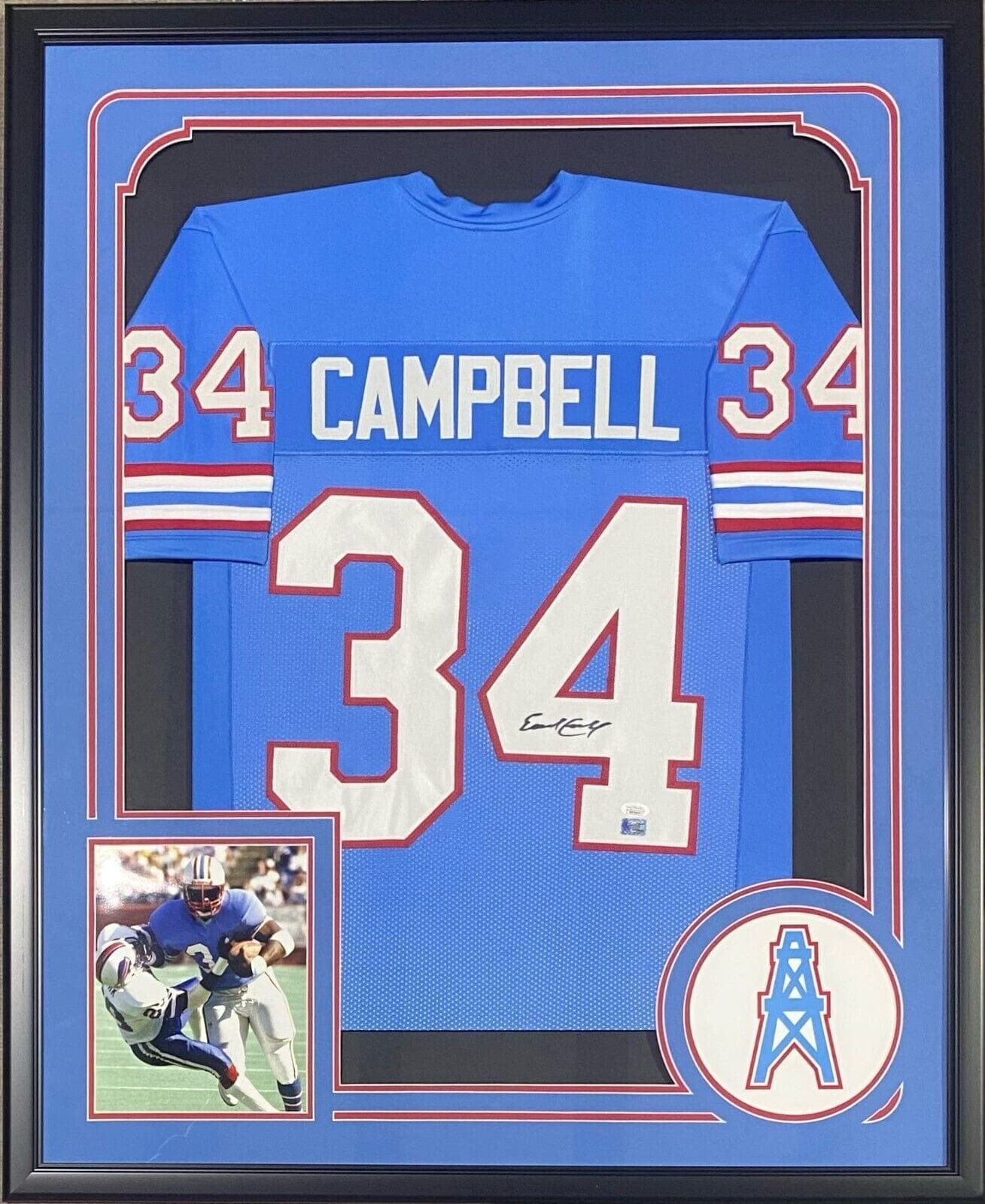 Earl Campbell Signed Autographed Framed Blue Jersey JSA Authenticated Paper Mat. Earl Campbell Jersey earl-campbell-framed-blue-paper-mat, supplier stock photo