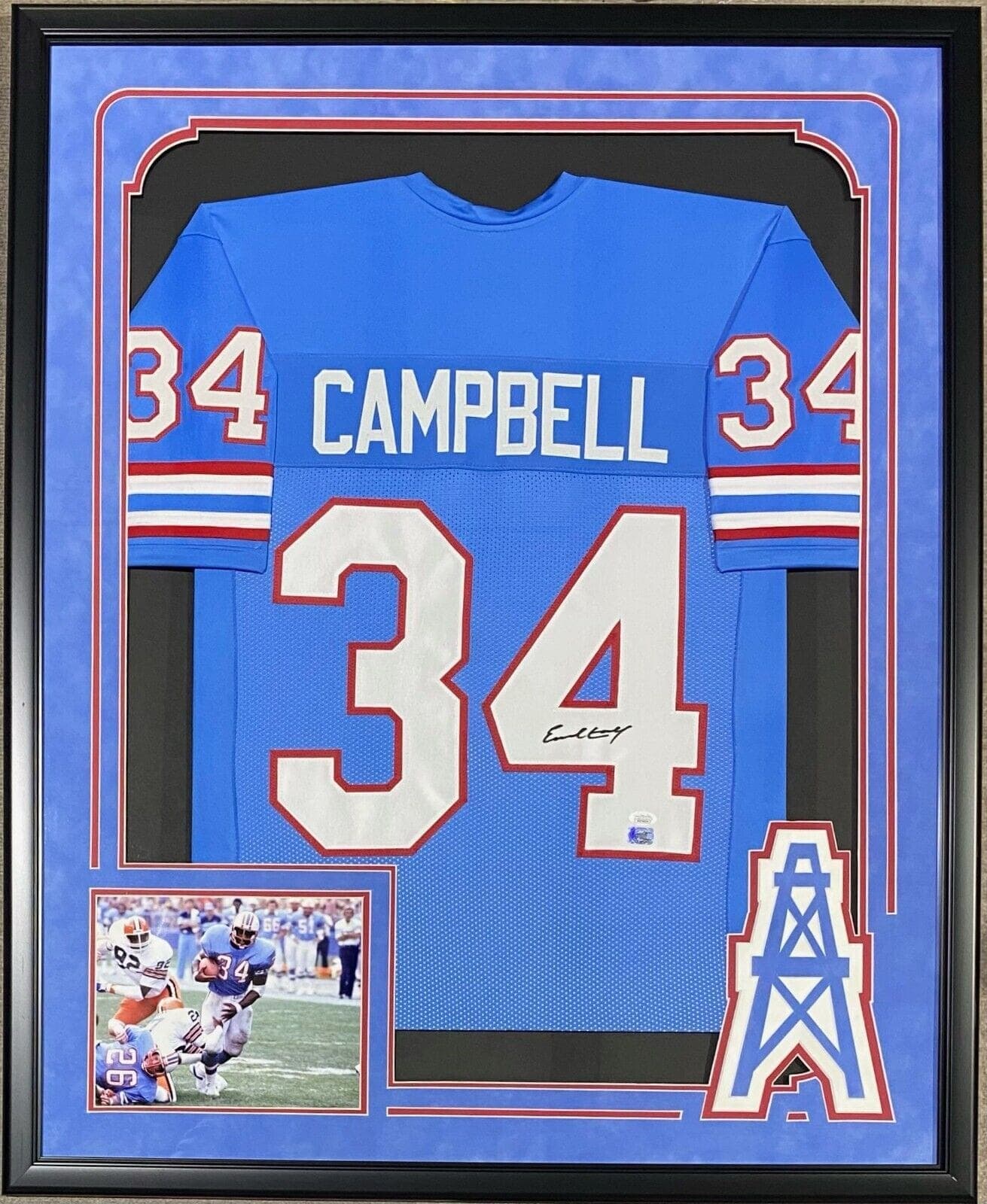 Earl Campbell Signed Autographed Framed Blue Jersey JSA Suede Cut Out Logo. Earl Campbell Jersey earl-campbell-framed-blue-suede-cut, supplier stock photo