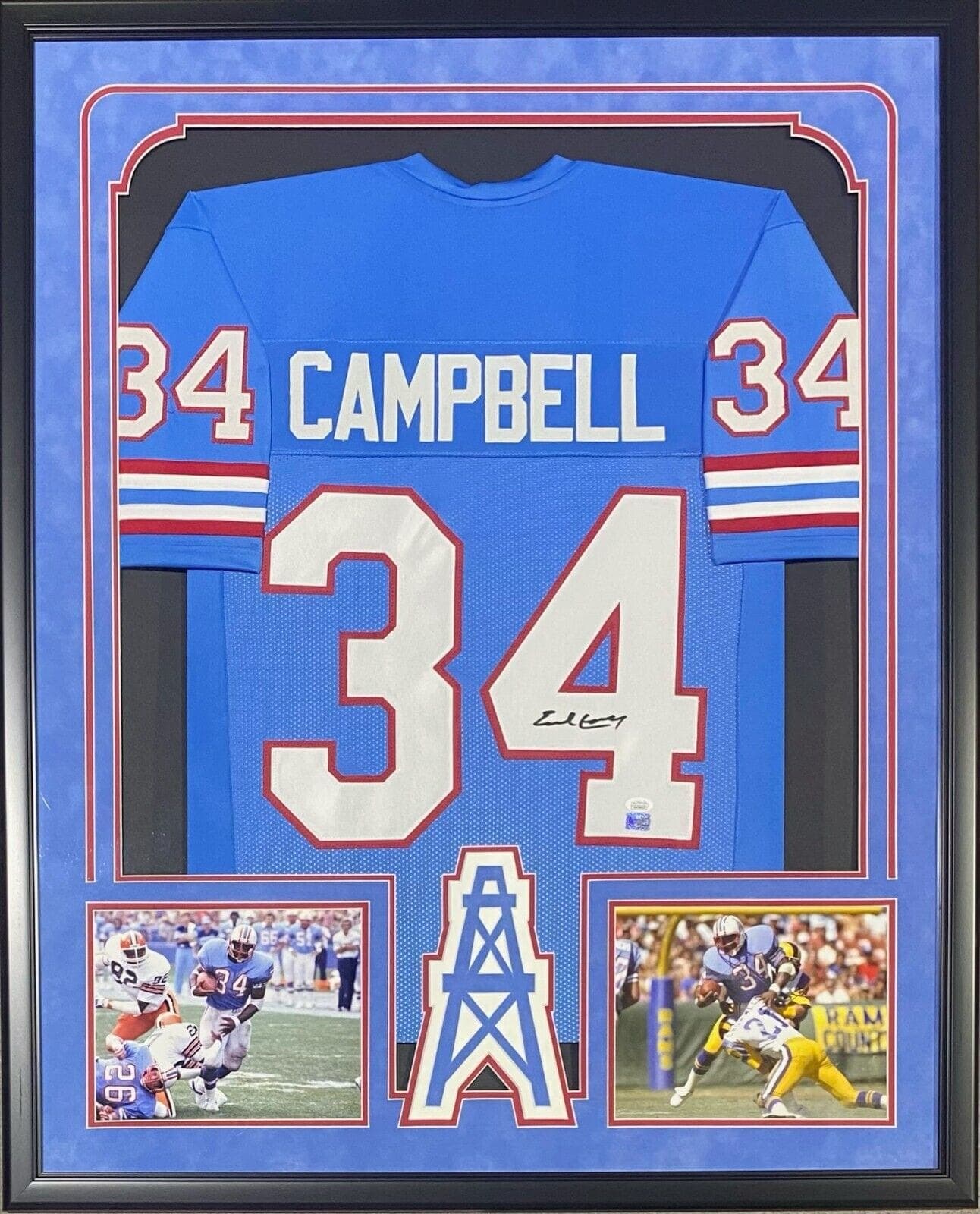 Earl Campbell Signed Autographed Framed Blue Jersey JSA Suede Cut Out Logo 2&1. Earl Campbell Jersey earl-campbell-framed-blue-suede-cut, supplier stock photo