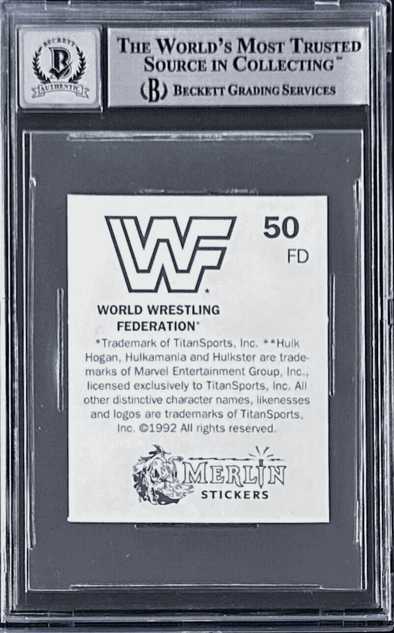 Ric Flair Signed 1992 Merlin WWF Sticker Card #50 Beckett Auto 10 Ric Flair Card 1992-merlin-wwf-sticker-50-auto, view 2, supplier stock photo