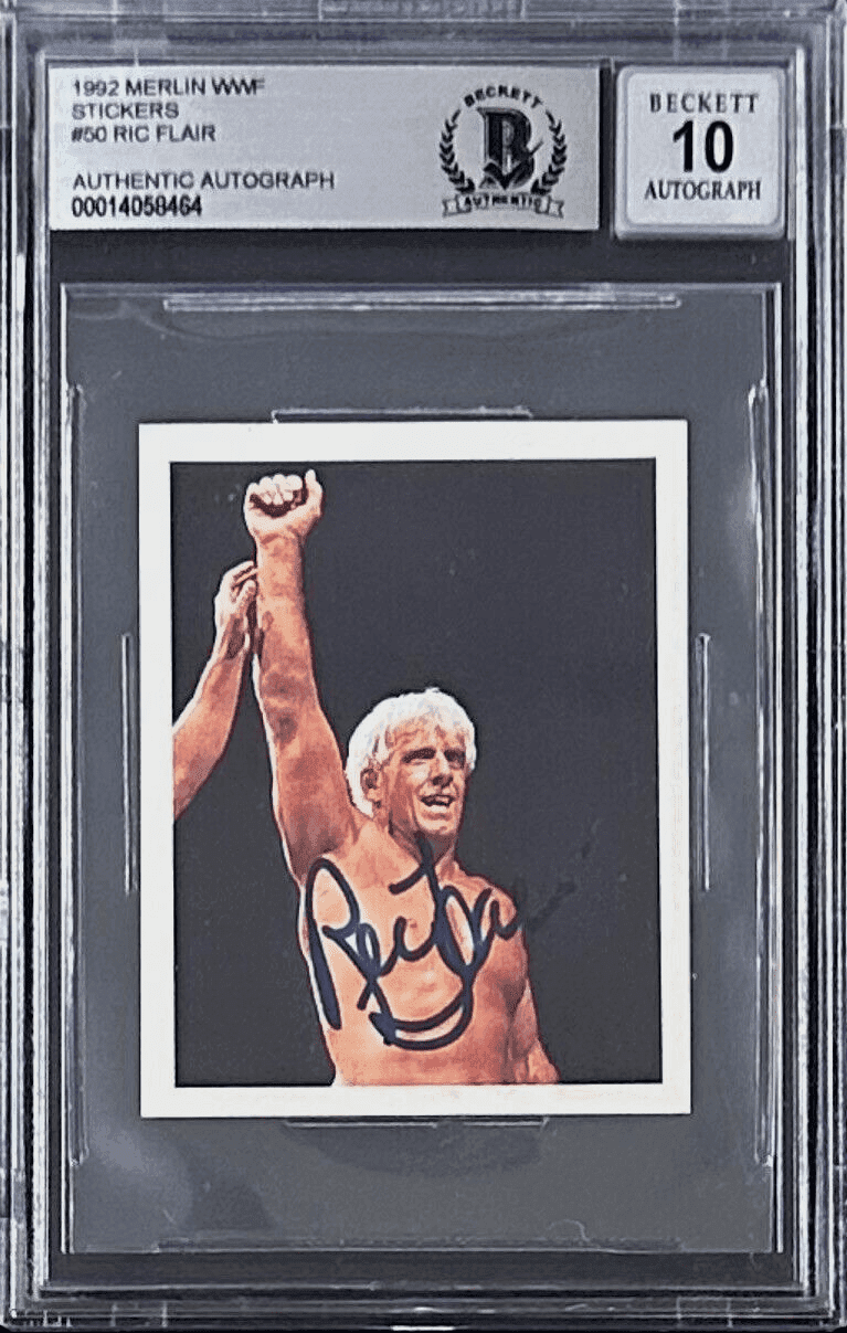 Ric Flair Signed 1992 Merlin WWF Sticker Card #50 Beckett Auto 10 Ric Flair Card 1992-merlin-wwf-sticker-50-auto, supplier stock photo