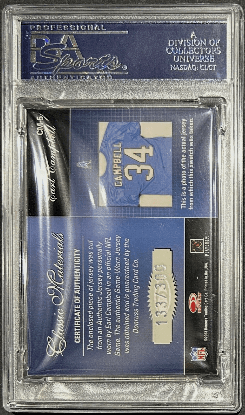 Earl Campbell Signed 2003 Donruss Classics Classic Material Card PSA/DNA 133/300 Earl Campbell Card 2003-donruss-classics-classic-material-133, view 3, supplier stock photo