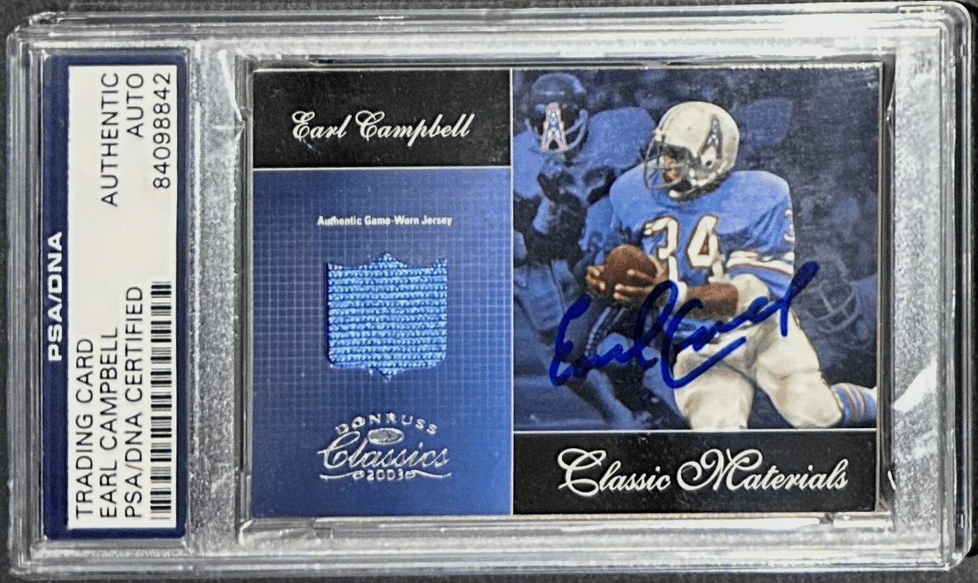 Earl Campbell Signed 2003 Donruss Classics Classic Material Card PSA/DNA 133/300 Earl Campbell Card 2003-donruss-classics-classic-material-133, supplier stock photo