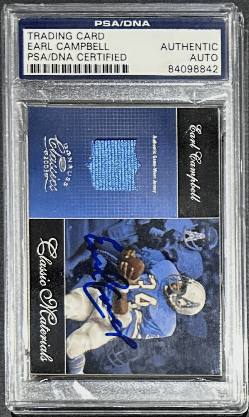 Earl Campbell Signed 2003 Donruss Classics Classic Material Card PSA/DNA 133/300 Earl Campbell Card 2003-donruss-classics-classic-material-133, view 2, supplier stock photo