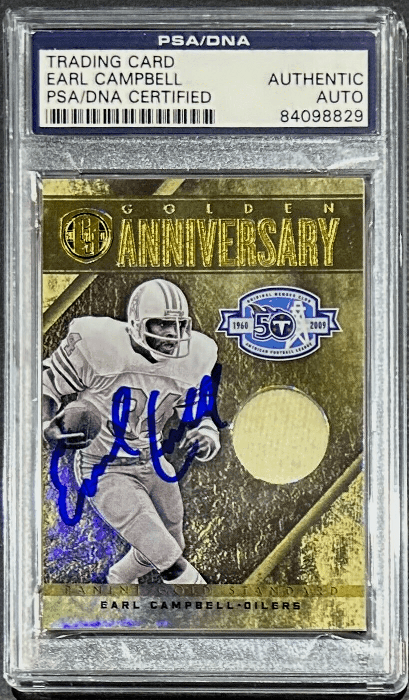 Earl Campbell Signed 2011 Panini Gold Standards Card PSA/DNA 19/25 Golden Anniv. Earl Campbell Card 2011-panini-gold-standards-19-25, supplier stock photo
