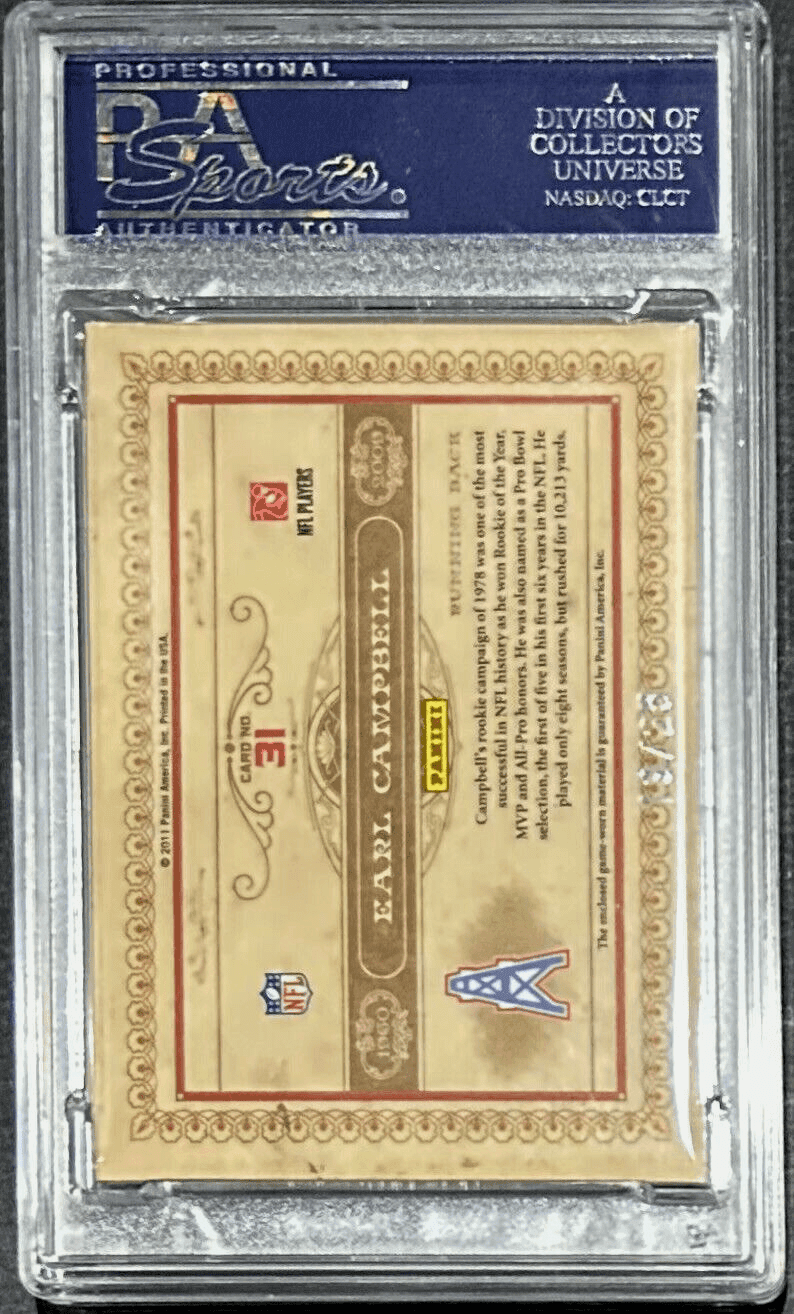 Earl Campbell Signed 2011 Panini Gold Standards Card PSA/DNA 19/25 Golden Anniv. Earl Campbell Card 2011-panini-gold-standards-19-25, view 2, supplier stock photo