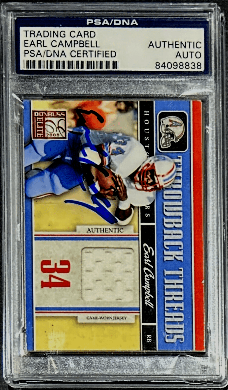 Earl Campbell Signed 2008 Donruss Elite Throwback Threads Card PSA/DNA Oilers Earl Campbell Card 2008-donruss-elite-throwback-threads, Houston Oilers, view 2, supplier stock photo