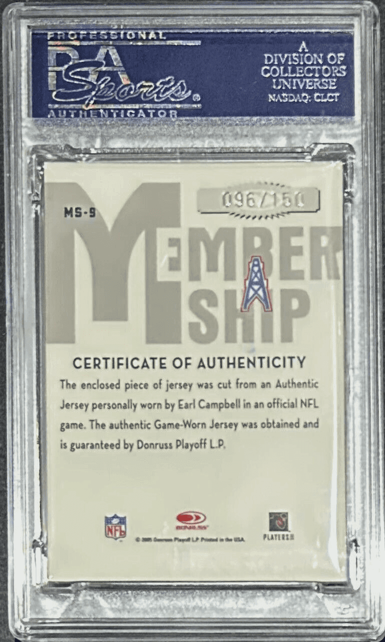Earl Campbell Signed 2005 Donruss Classic VIP Membership Card PSA/DNA Oilers Earl Campbell Card 2005-donruss-classic-vip-membership, Houston Oilers, view 3, supplier stock photo