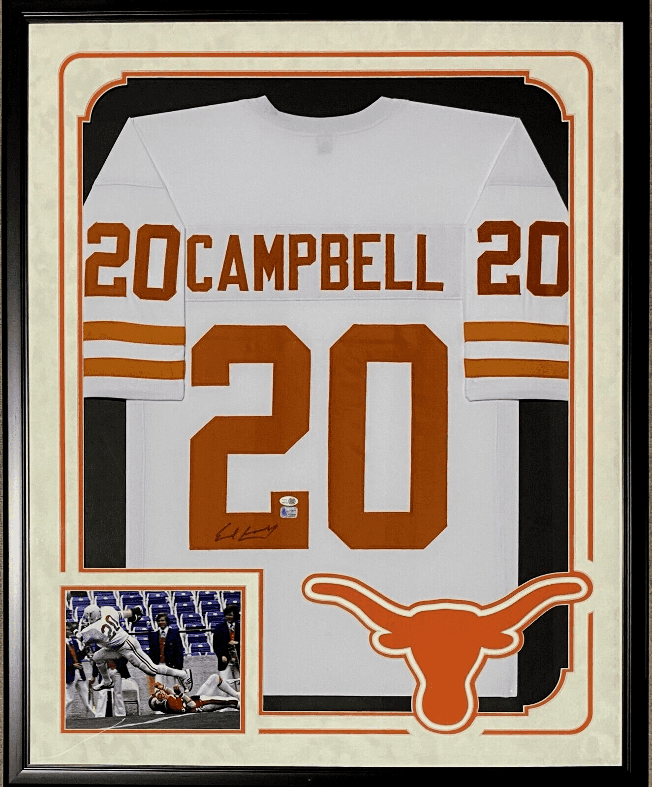 Earl Campbell Signed Autographed Framed White/Orange Jersey JSA Suede Cut Logo Earl Campbell Jersey earl-campbell-framed-white-orange-suede, supplier stock photo
