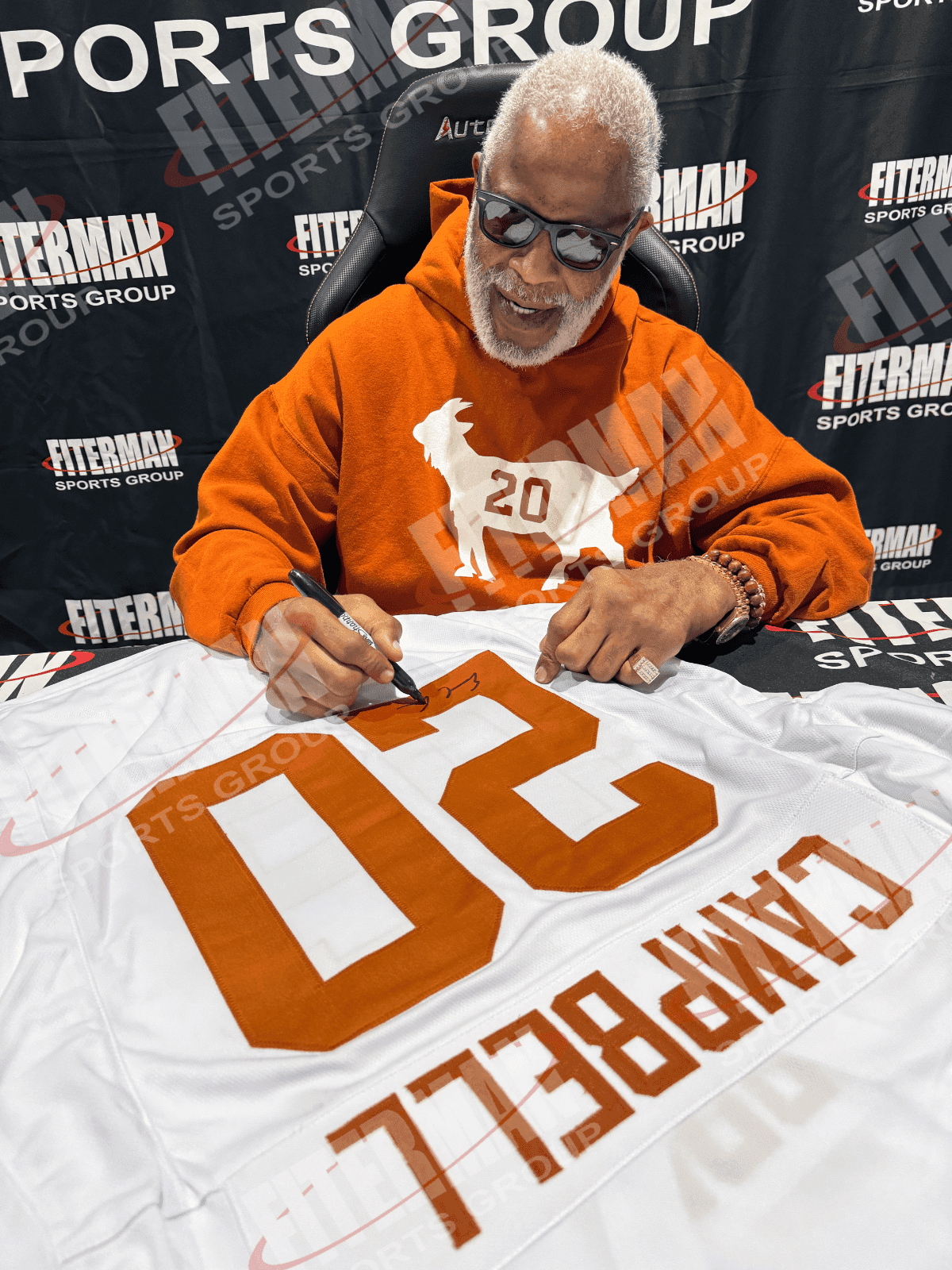 Earl Campbell Signed Autographed Framed White/Orange Jersey JSA Suede Cut Logo Earl Campbell Jersey earl-campbell-framed-white-orange-suede, view 2, supplier stock photo