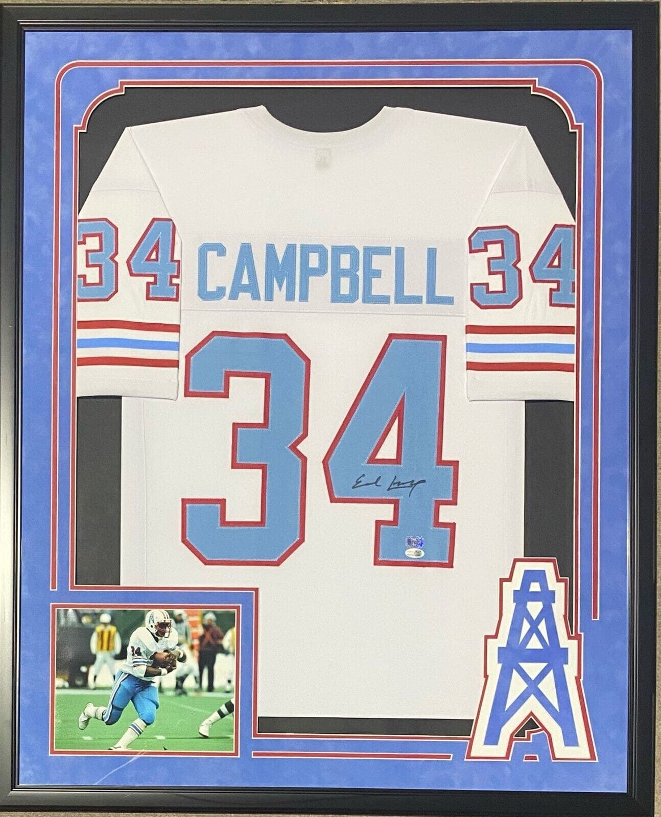 Earl Campbell Signed Autographed Framed White/Blue Jersey JSA Suede Cut Logo Earl Campbell Jersey earl-campbell-framed-white-blue-suede, supplier stock photo