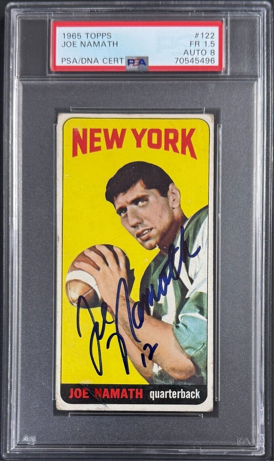 Joe Namath Signed 1965 Topps Rookie Card #122 PSA 1.5 Auto 8 Pop 3 70545496 Joe Namath Card 70545496, New York Jets, supplier stock photo