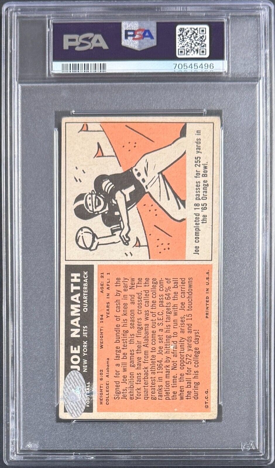 Joe Namath Signed 1965 Topps Rookie Card #122 PSA 1.5 Auto 8 Pop 3 70545496 Joe Namath Card 70545496, New York Jets, view 2, supplier stock photo
