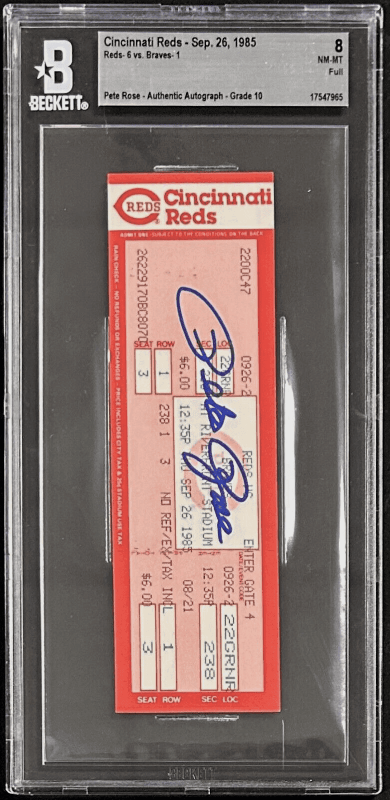 PETE ROSE AUTOGRAPHED FULL TICKET 9/26/85 BECKETT 8 NM-MT AUTO 10 17547965 Pete Rose Ticket Stub 17547965, Cincinnati Reds, view 2, supplier stock photo