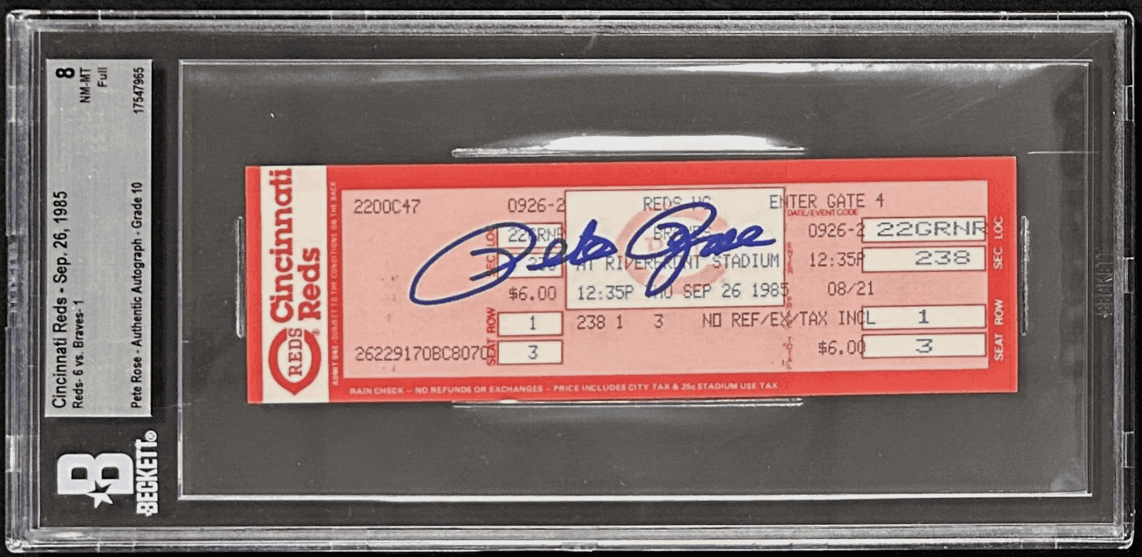 PETE ROSE AUTOGRAPHED FULL TICKET 9/26/85 BECKETT 8 NM-MT AUTO 10 17547965 Pete Rose Ticket Stub 17547965, Cincinnati Reds, supplier stock photo