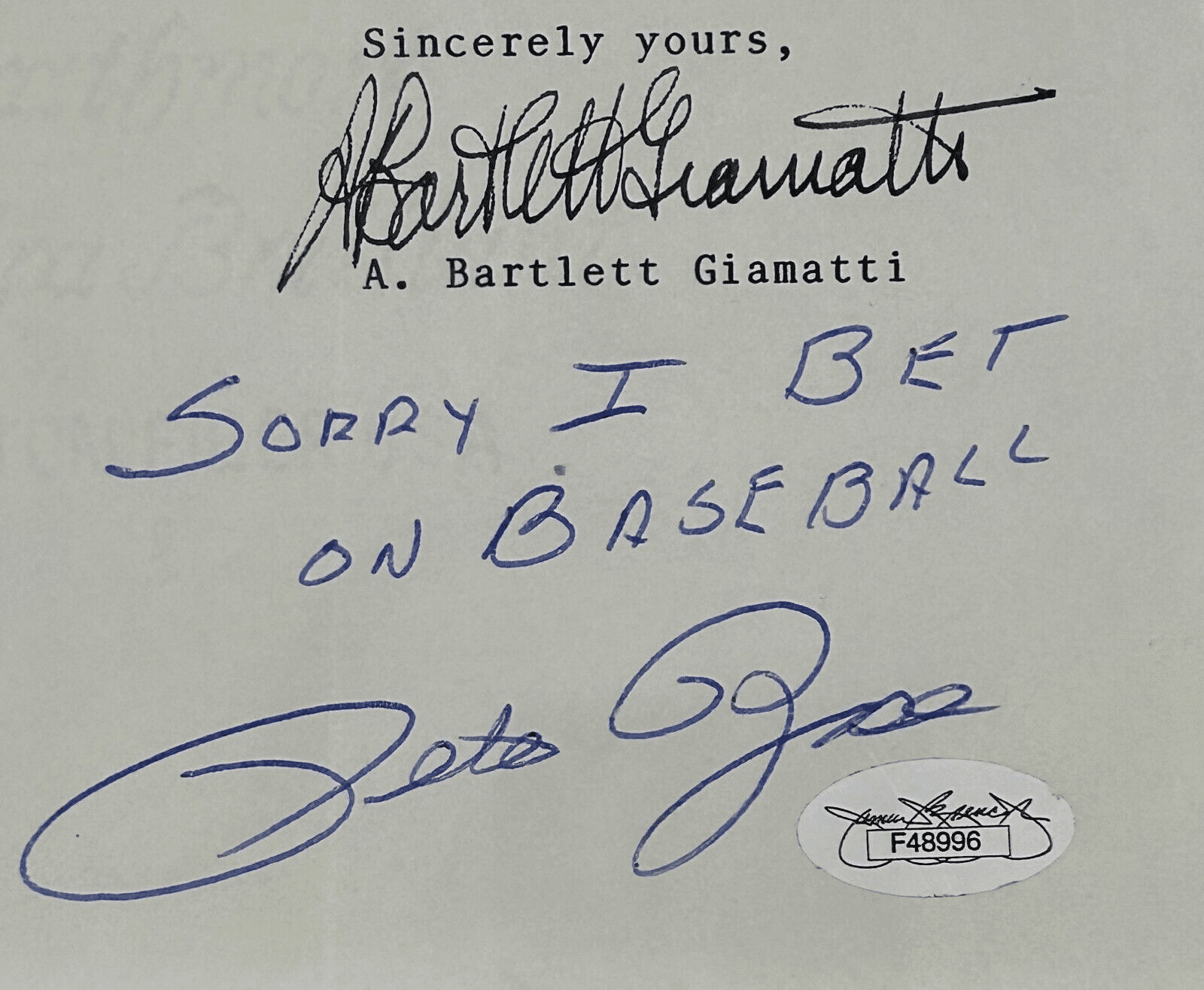 Pete Rose & Bart Giamatti Signed Letter Sorry I Bet On Baseball Beckett JSA Pete Rose Ball pete-rose-bart-giamatti-letter-sorry, Cincinnati Reds, view 2, supplier stock photo