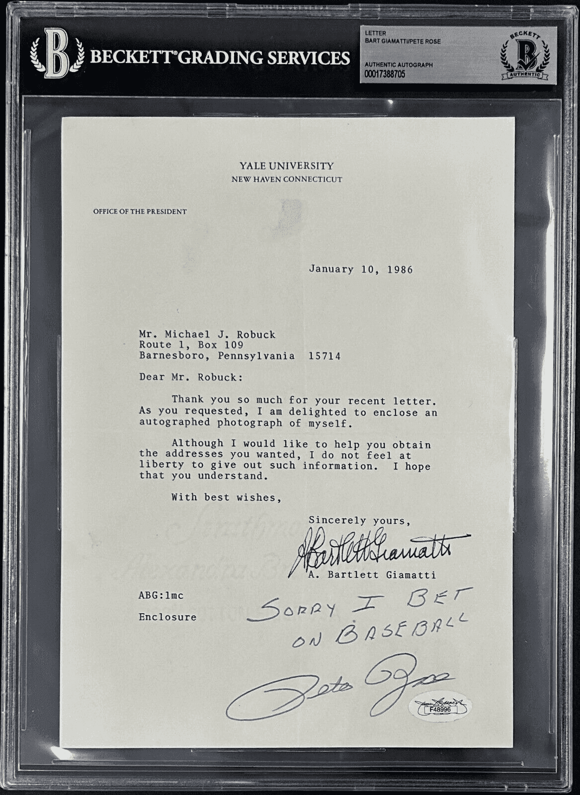 Pete Rose & Bart Giamatti Signed Letter Sorry I Bet On Baseball Beckett JSA Pete Rose Ball pete-rose-bart-giamatti-letter-sorry, Cincinnati Reds, supplier stock photo