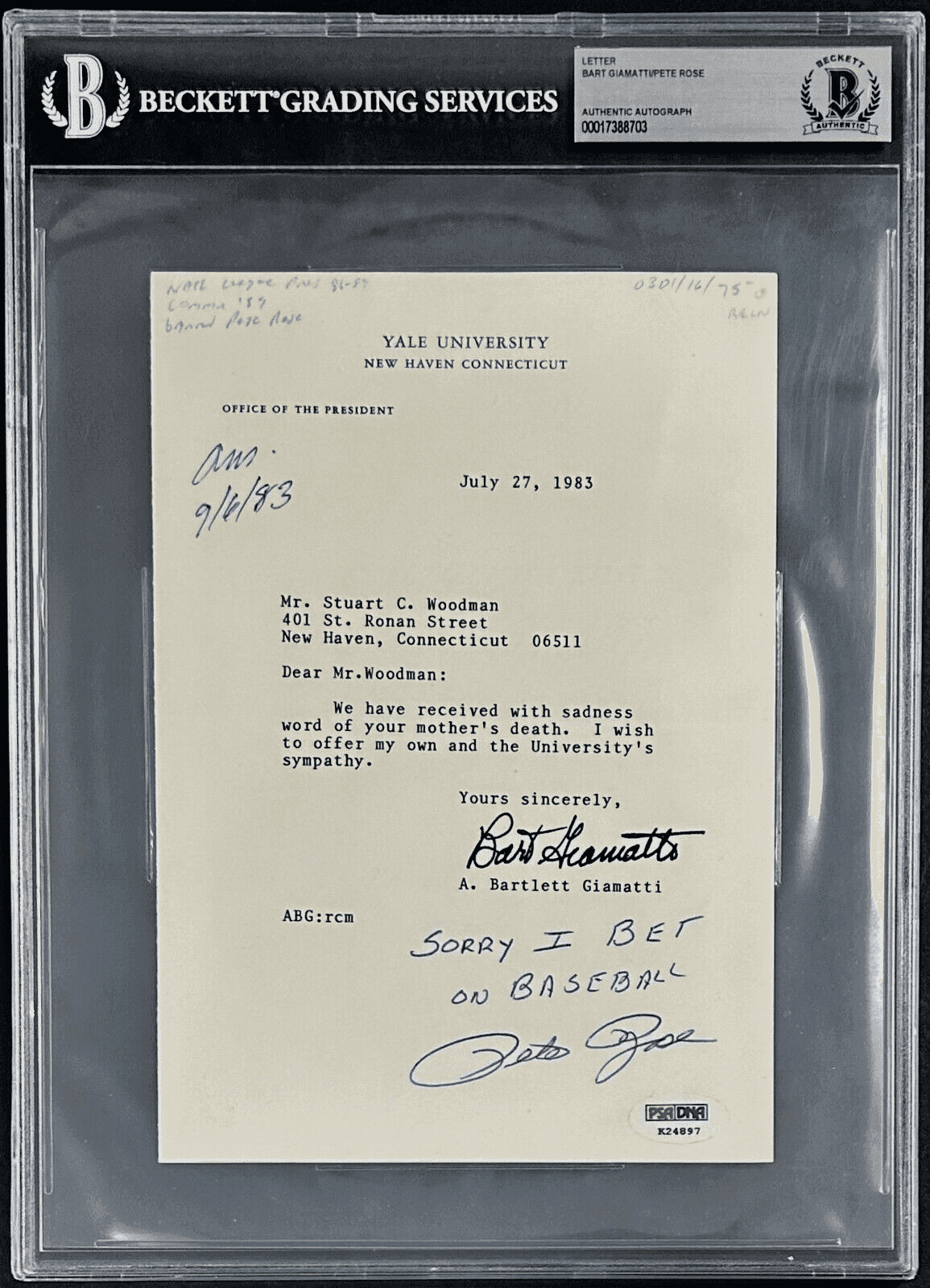 Pete Rose & Bart Giamatti Signed Letter Sorry I Bet On Baseball Beckett PSA Pete Rose Ball pete-rose-bart-giamatti-letter-sorry, Cincinnati Reds, supplier stock photo