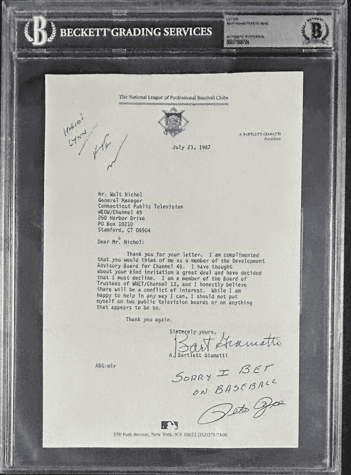 Pete Rose & Bart Giamatti Signed Letter Sorry I Bet On Baseball Beckett Pete Rose Ball pete-rose-bart-giamatti-letter-sorry, Cincinnati Reds, supplier stock photo