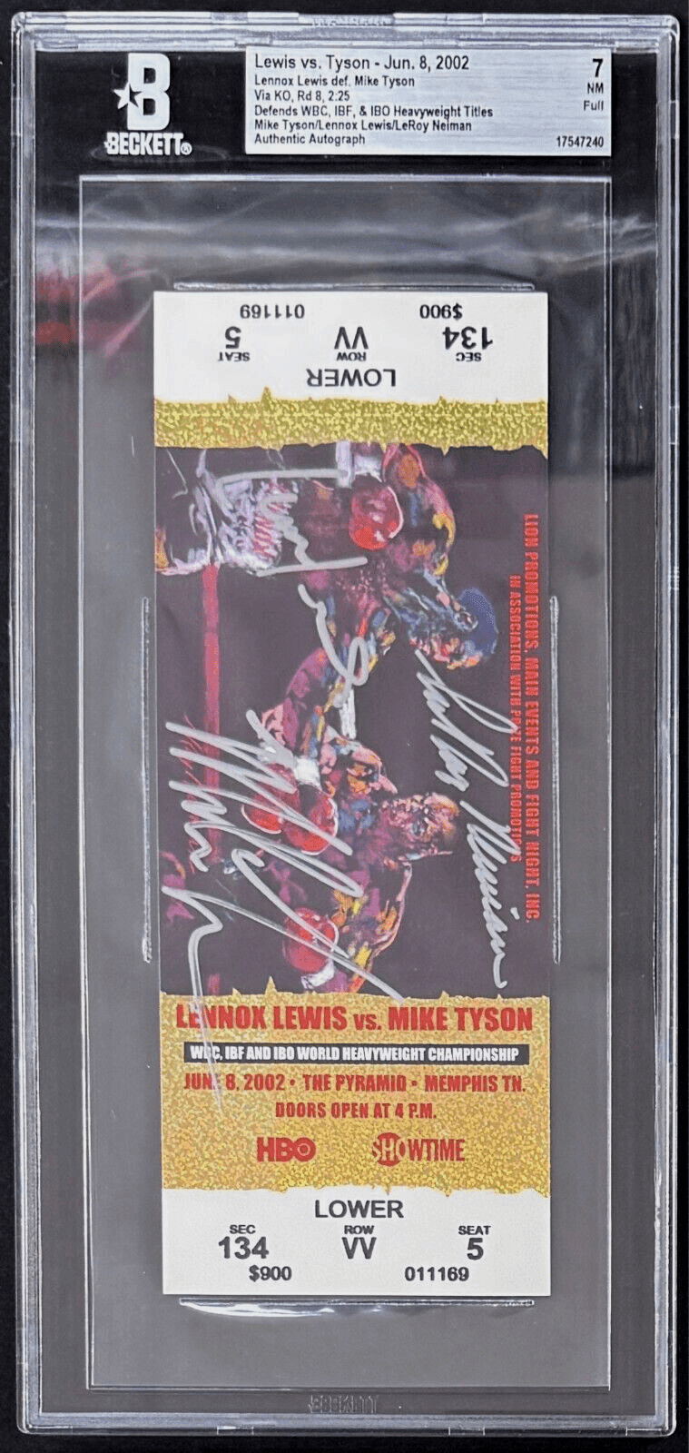 Mike Tyson Lennox Lewis & LeRoy Neiman Signed 2002 Full Ticket Beckett 7 NM Mike Tyson Ticket Stub mike-tyson-lennox-lewis-leroy-neiman, view 2, supplier stock photo