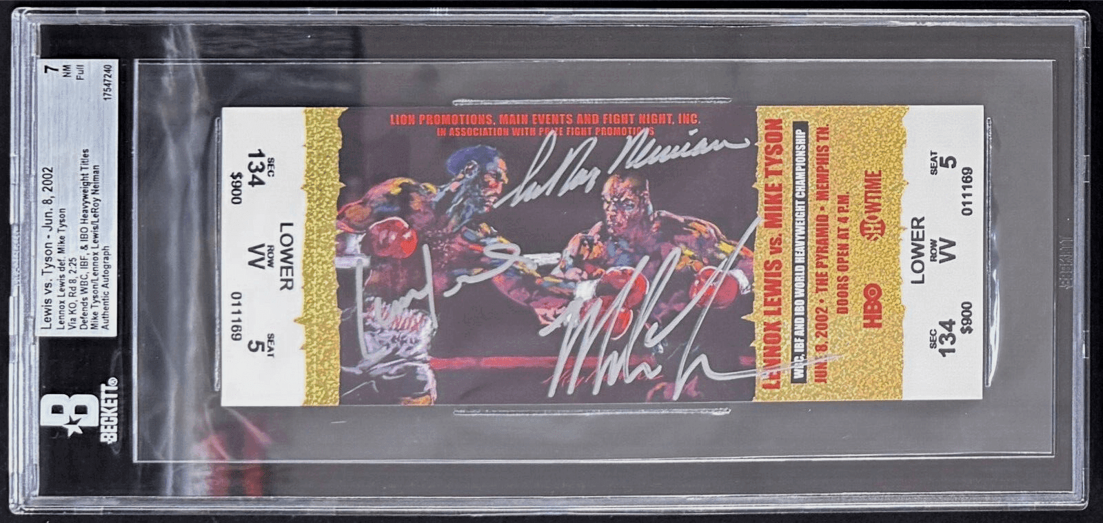 Mike Tyson Lennox Lewis & LeRoy Neiman Signed 2002 Full Ticket Beckett 7 NM Mike Tyson Ticket Stub mike-tyson-lennox-lewis-leroy-neiman, supplier stock photo