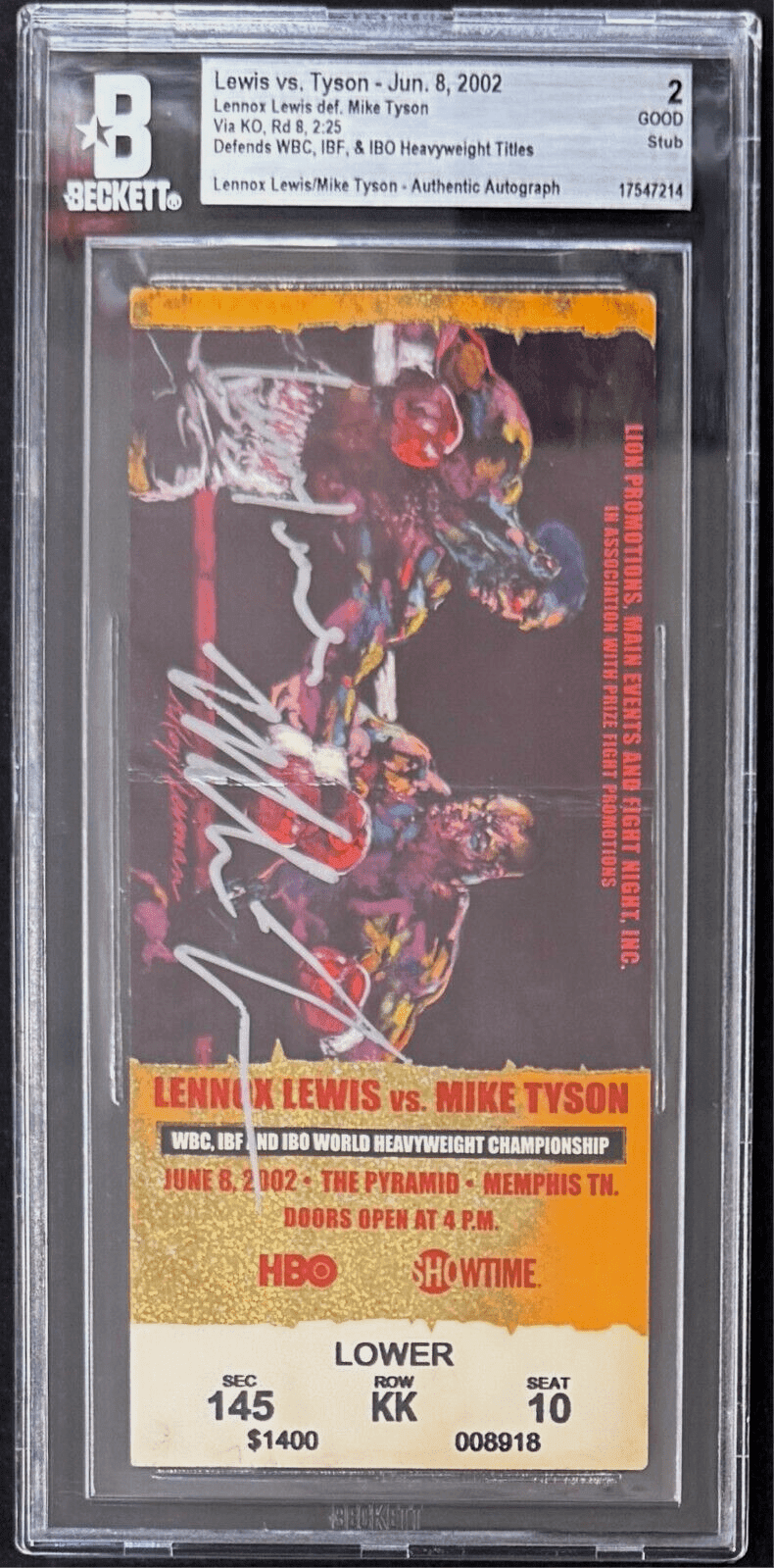 Mike Tyson & Lennox Lewis Signed Autographed 2002 Ticket Stub Beckett 2 Good Mike Tyson Ticket Stub mike-tyson-lennox-lewis-2002-2, view 2, supplier stock photo