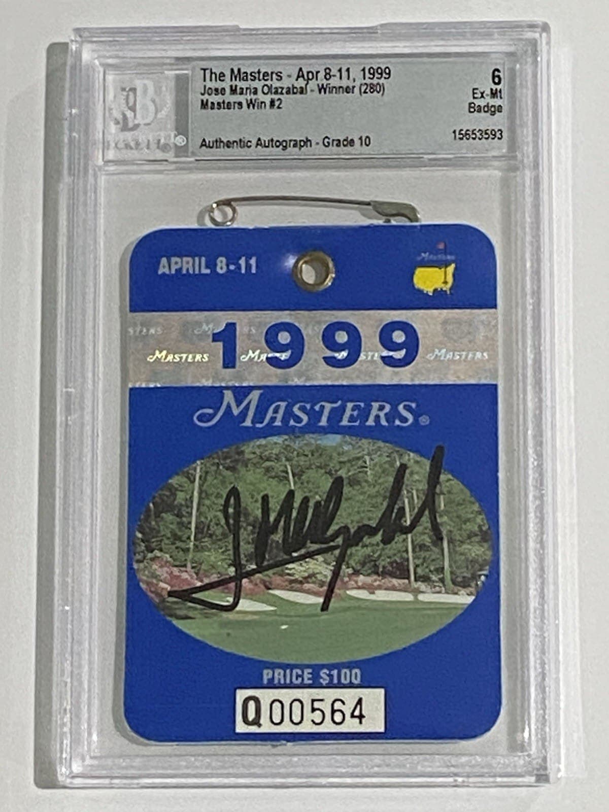Jose Maria Olazabal Autographed Signed 1994 and 1999 The Masters Badge BAS Jose Maria Olazabal Card jose-maria-olazabal-1994-1999-masters, view 4, supplier stock photo