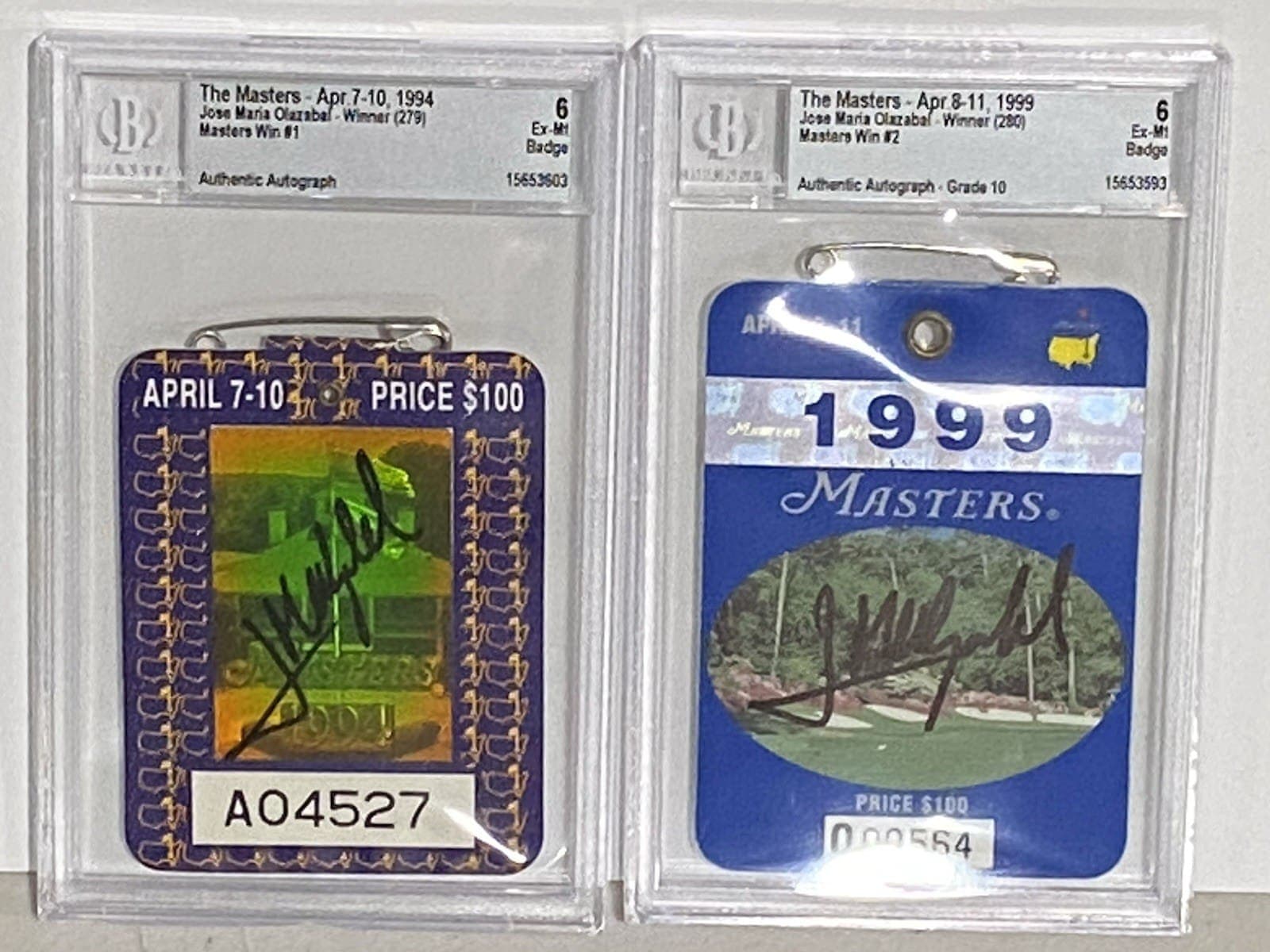 Jose Maria Olazabal Autographed Signed 1994 and 1999 The Masters Badge BAS Jose Maria Olazabal Card jose-maria-olazabal-1994-1999-masters, supplier stock photo