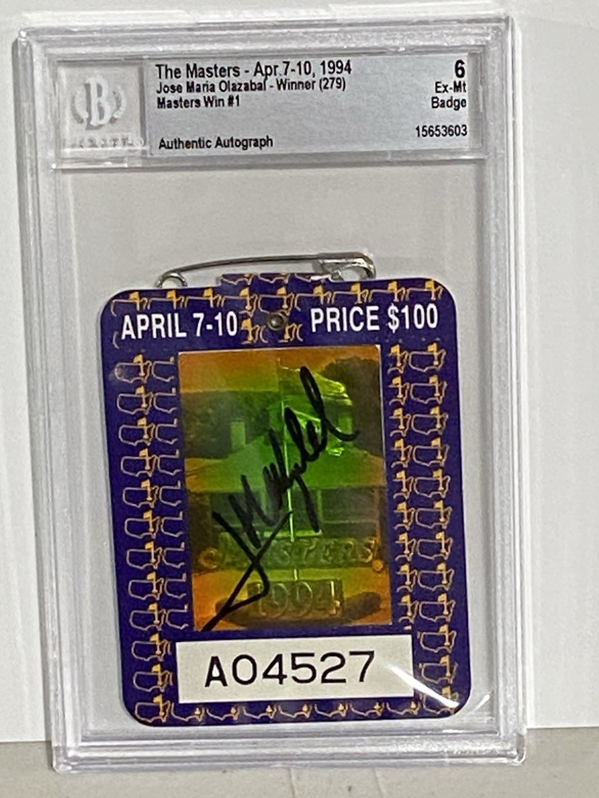 Jose Maria Olazabal Autographed Signed 1994 and 1999 The Masters Badge BAS Jose Maria Olazabal Card jose-maria-olazabal-1994-1999-masters, view 2, supplier stock photo