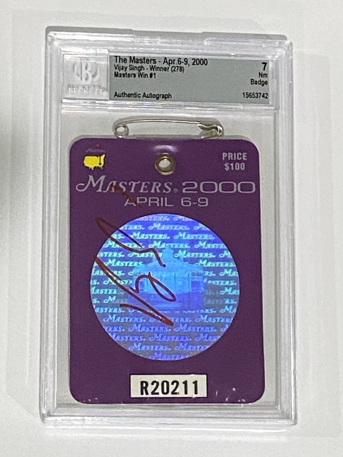 Vijay Singh Autographed Signed 2000 The Masters Badge Beckett NM 7 Vijay Singh Card vijay-singh-2000-masters-badge-nm, supplier stock photo