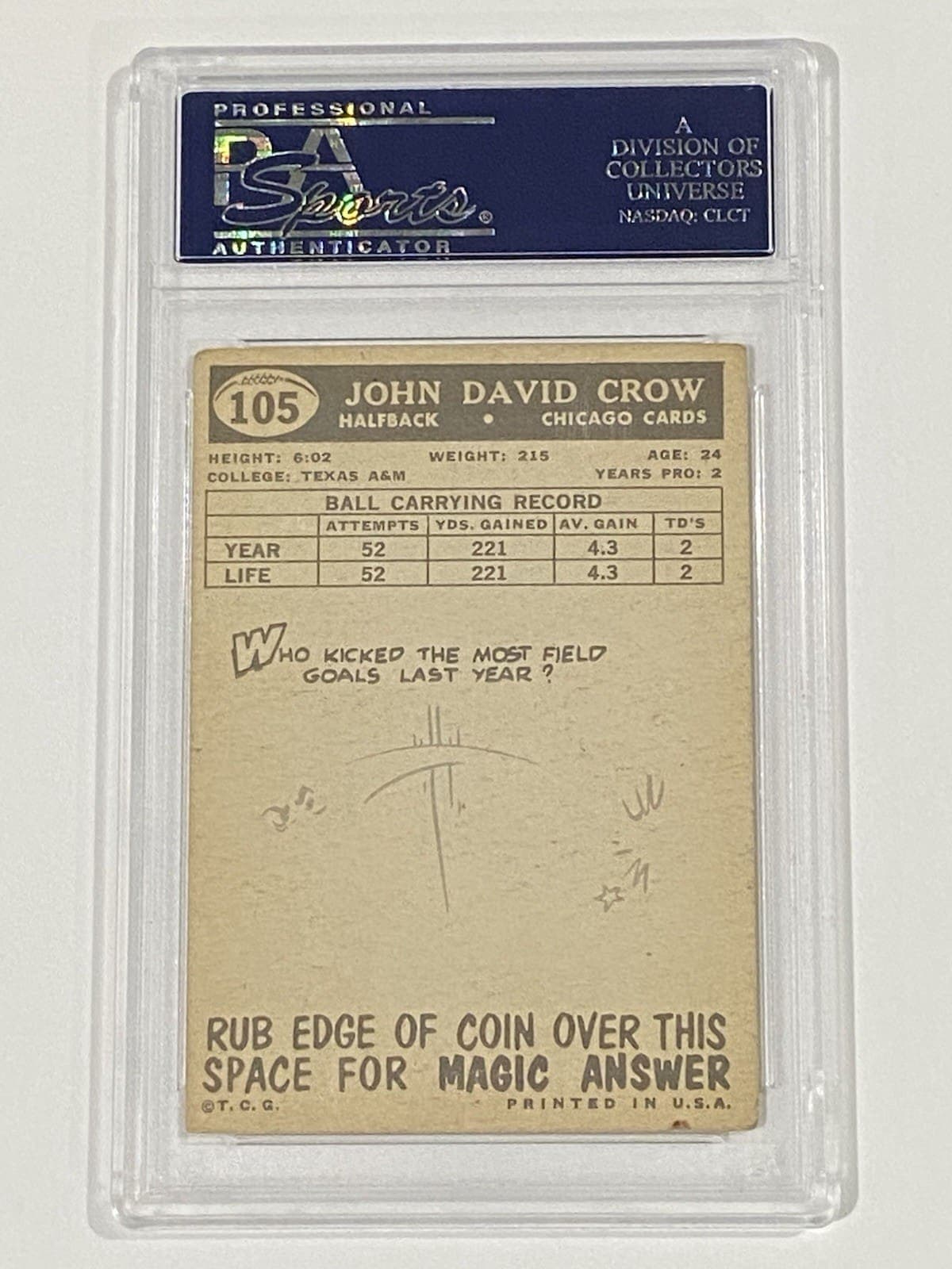 John David Crow Autographed 1959 Topps #105 PSA DNA Auto 10 Texas A&M Cardinals John David Crow Card 1959-topps-105-auto-10-texas, view 2, supplier stock photo