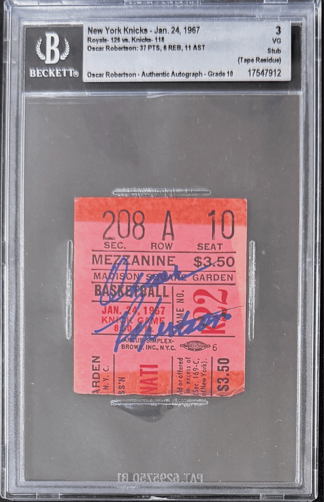 Oscar Robertson Signed Knicks vs Royals Ticket Stub Beckett Auto 10 17547912 Oscar Robertson Ticket Stub 17547912, New York Knicks, supplier stock photo