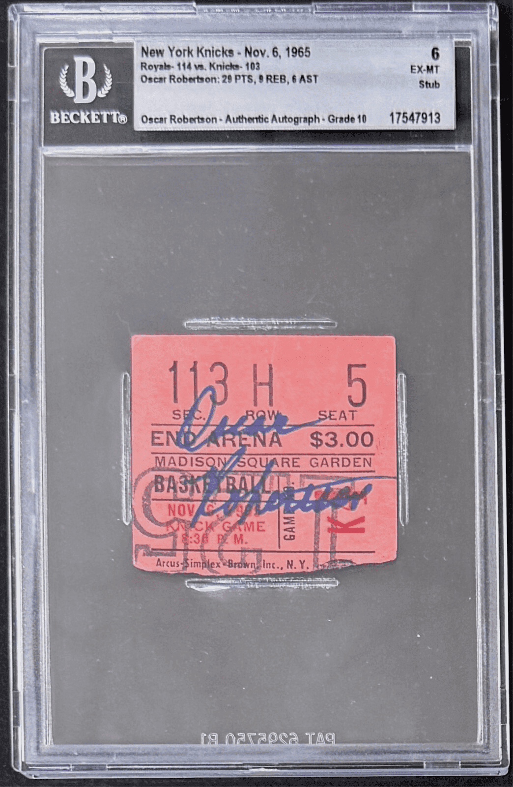Oscar Robertson Signed Knicks vs Royals Ticket Stub Beckett Auto 10 17547913 Oscar Robertson Ticket Stub 17547913, New York Knicks, supplier stock photo