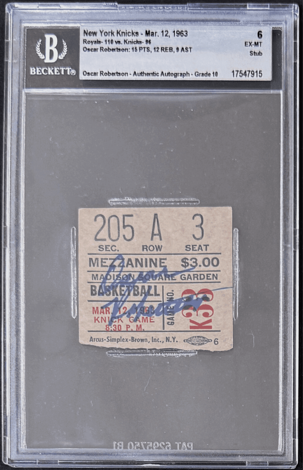 Oscar Robertson Signed Knicks vs Royals Ticket Stub Beckett Auto 10 17547915 Oscar Robertson Ticket Stub 17547915, New York Knicks, supplier stock photo