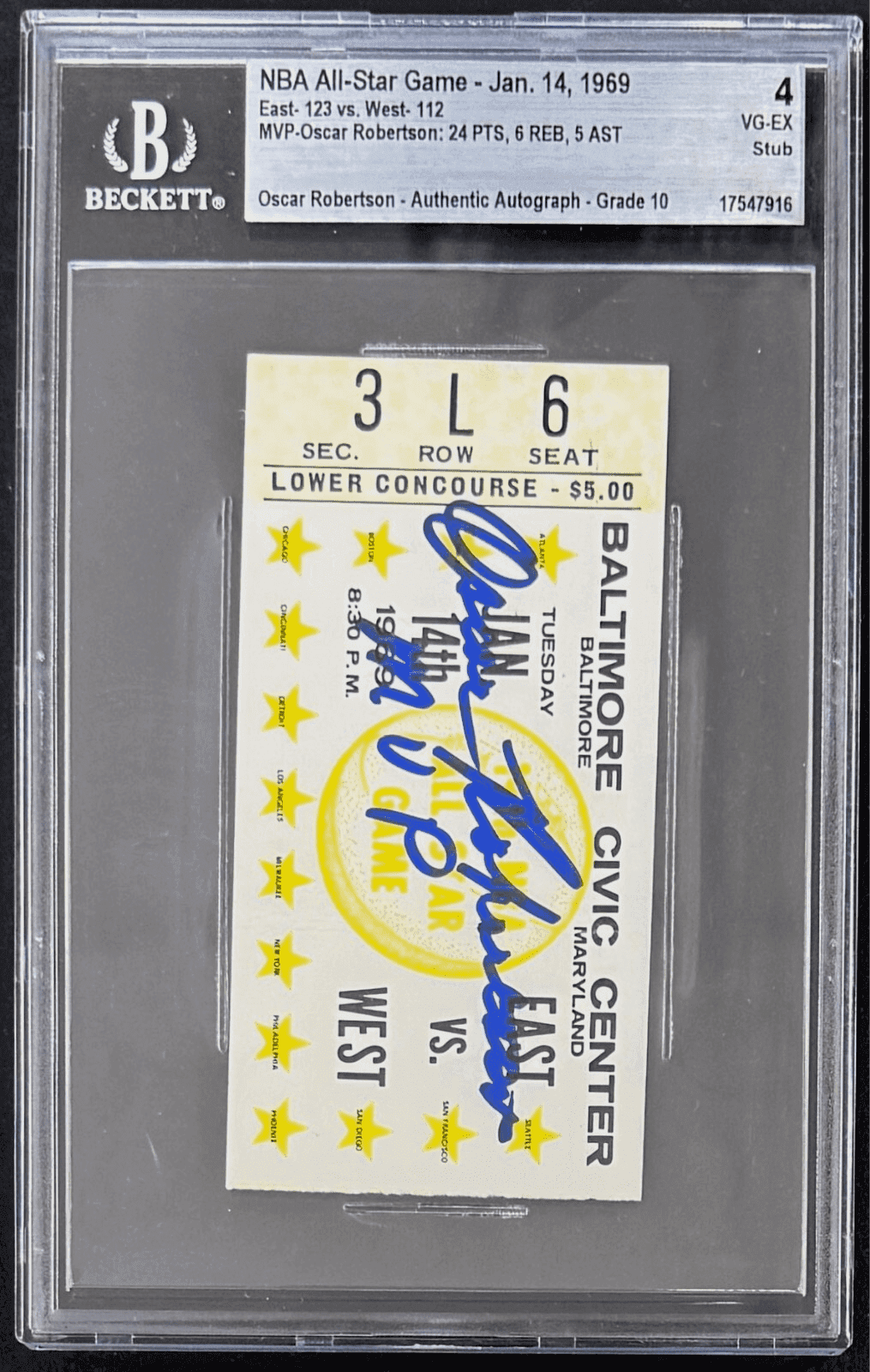 Oscar Robertson Signed 1969 NBA All Star Game Ticket Stub Beckett Auto 10 Oscar Robertson Ticket Stub oscar-robertson-1969-nba-all-star, view 2, supplier stock photo