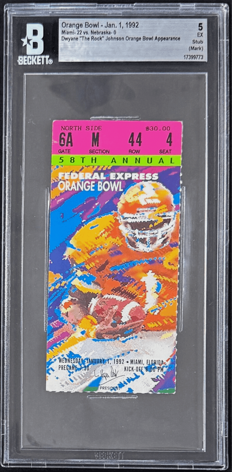 Dwyane “The Rock” Johnson Orange Bowl Appearance Ticket Stub Beckett EX 5 The Rock Ticket Stub dwyane-rock-johnson-orange-bowl-appearance, supplier stock photo