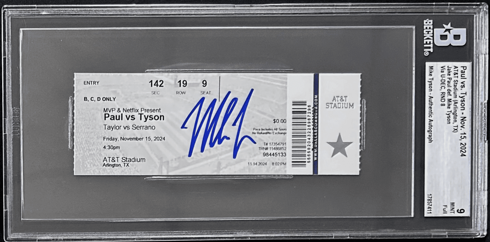 Mike Tyson Signed Tyson vs Jake Paul Fight Full Ticket Beckett Mint 9 17857411 Mike Tyson Ticket Stub 17857411, supplier stock photo