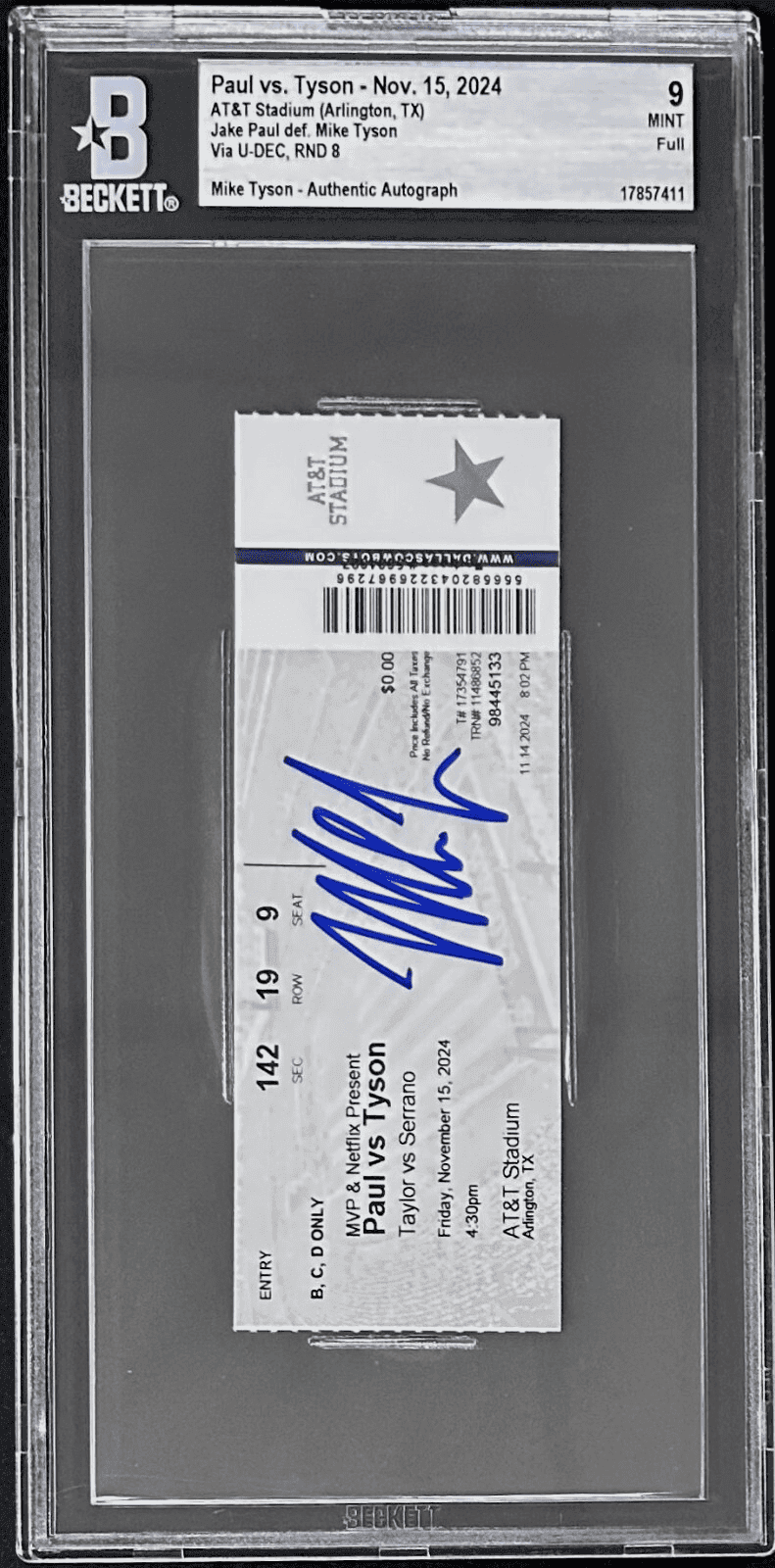 Mike Tyson Signed Tyson vs Jake Paul Fight Full Ticket Beckett Mint 9 17857411 Mike Tyson Ticket Stub 17857411, view 2, supplier stock photo