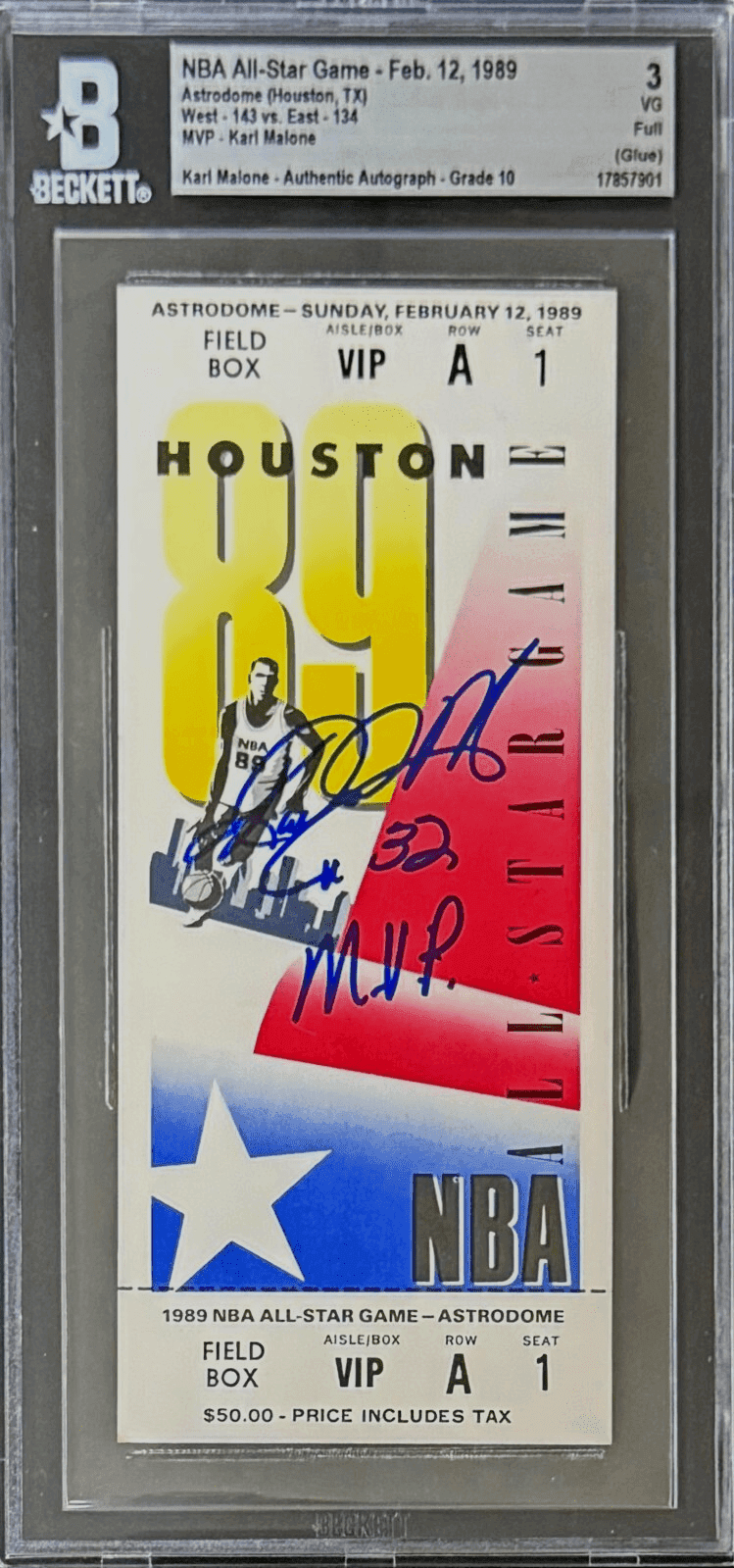 Karl Malone Signed 1989 NBA All Star Game Beckett VG 3 Ticket Stub Malone MVP Karl Malone Ticket Stub karl-malone-1989-nba-all-star, supplier stock photo
